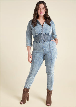 Acid Wash Smocked Jumpsuit - Cool Wash - thumbnail-9