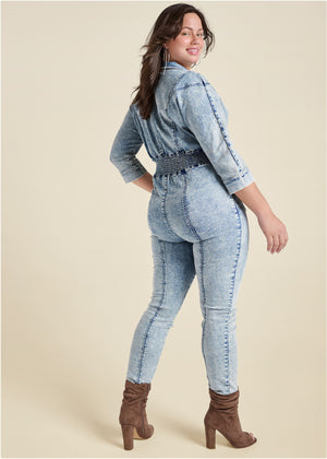 Acid Wash Smocked Jumpsuit - Cool Wash - thumbnail-10