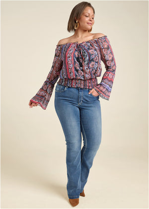 Off-The-Shoulder Print Top - Orange Multi - thumbnail-13