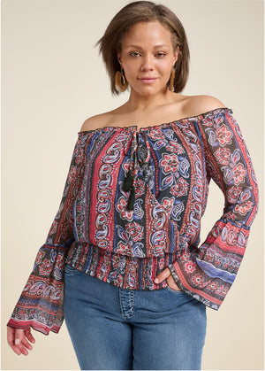 Off-The-Shoulder Print Top - Orange Multi - thumbnail-12