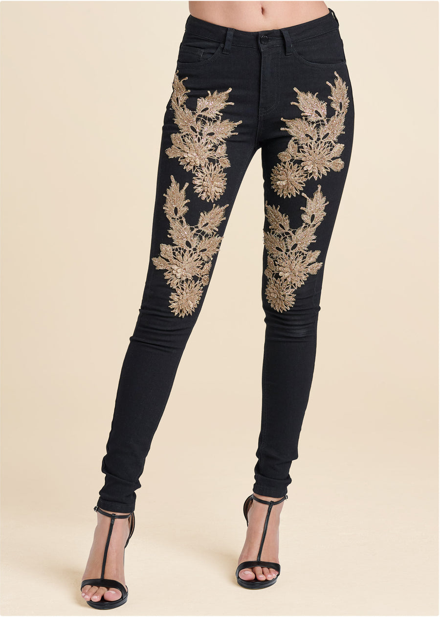 Floral Embellished Jeans - Black Multi