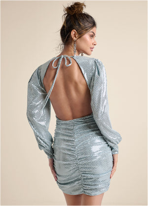 Open-Back Shimmer Dress  - Blue Metallic - thumbnail-1