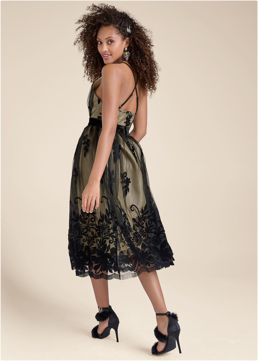 Velvet Floral Midi Dress - Black & Nude