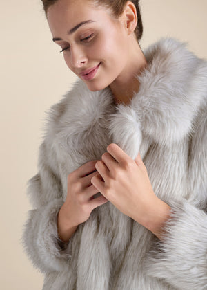 Luxe Mid-Length Faux Fur Coat - Grey - thumbnail-3