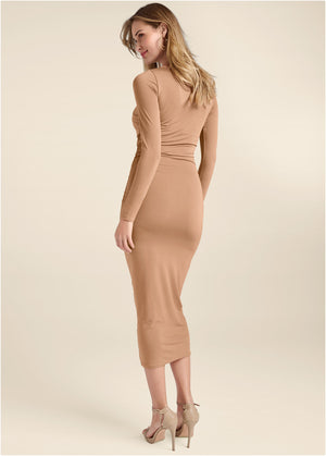 Fitted Wrap Midi Dress  - Tan - thumbnail-2