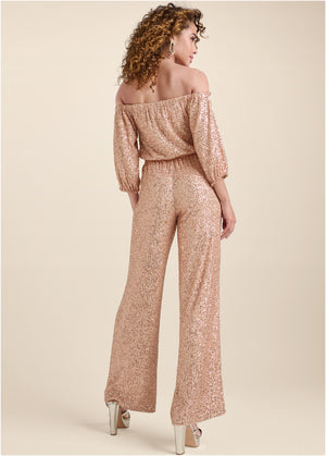 Off-Shoulder Sequin Jumpsuit - Rose Gold - thumbnail-2