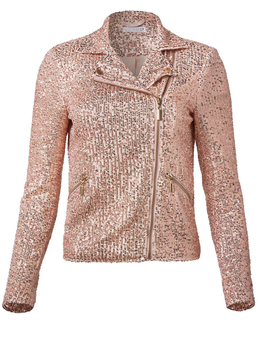 Sequin Moto Jacket - Rose Gold