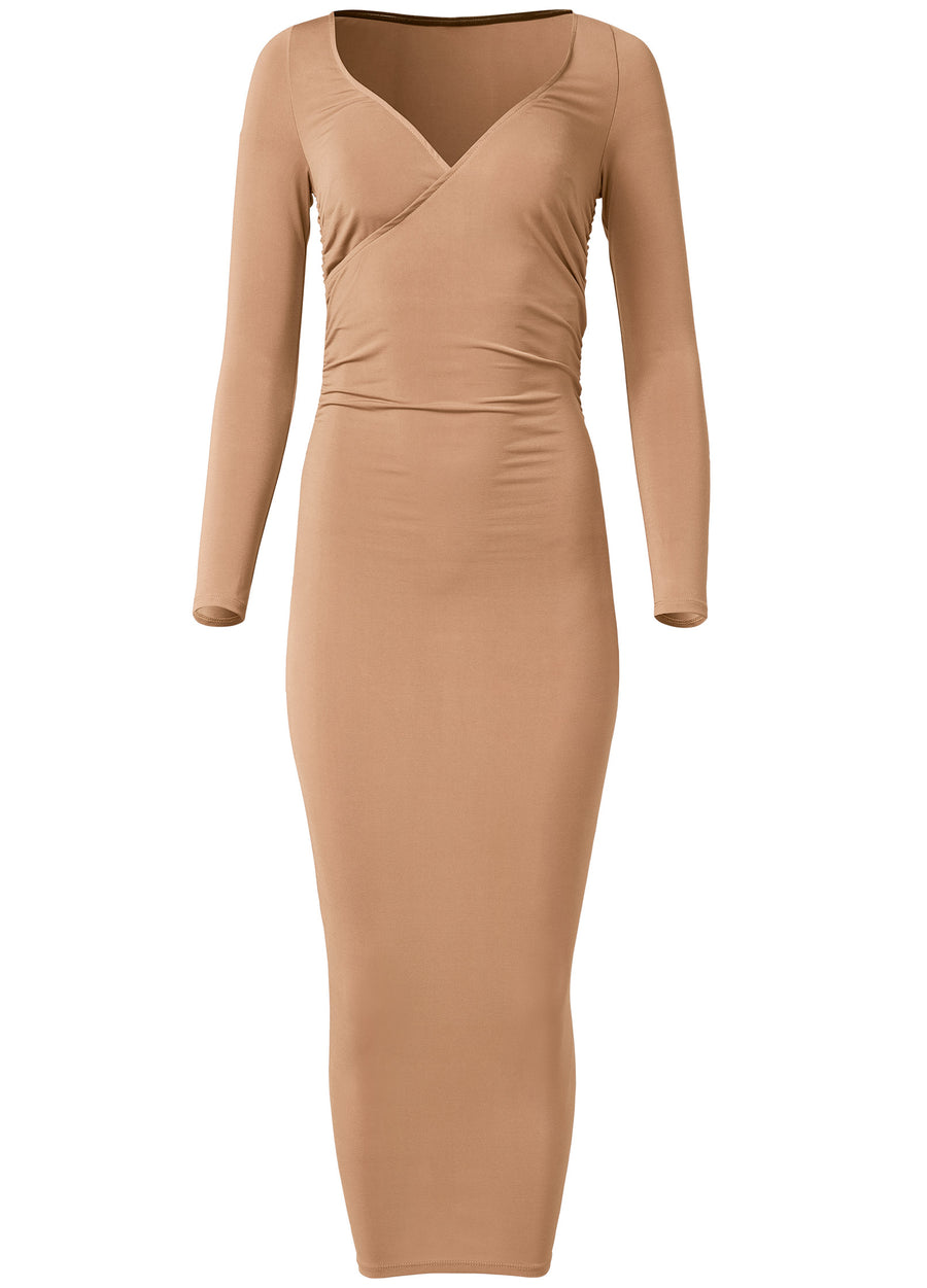 Fitted Wrap Midi Dress  - Tan