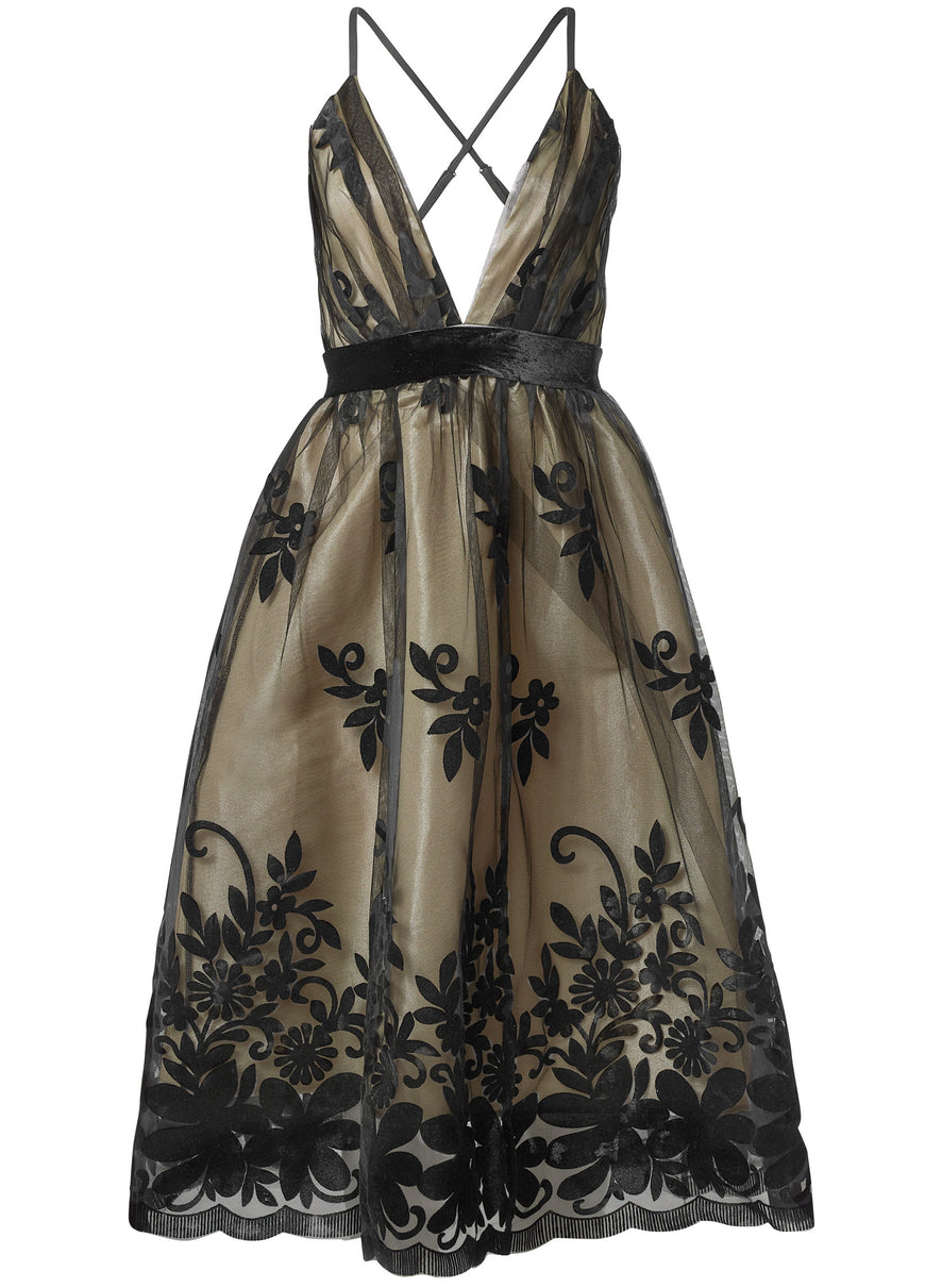 Robe midi fleurie en velours - Noir &amp; Nude