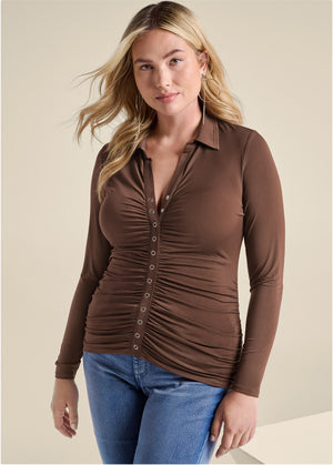 Snap Front Collared Top - Brown - thumbnail-6