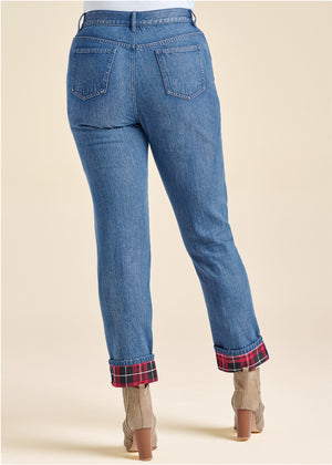 Plaid Cuff Straight Jeans - Denim Multi - thumbnail-9