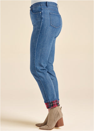 Plaid Cuff Straight Jeans - Denim Multi - thumbnail-10