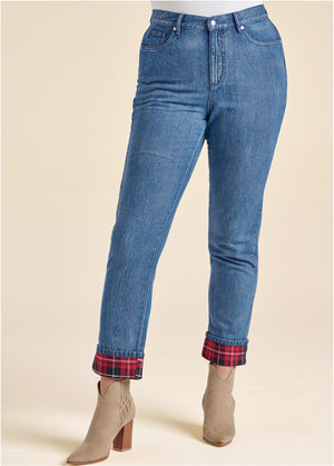 Plaid Cuff Straight Jeans - Denim Multi - thumbnail-8