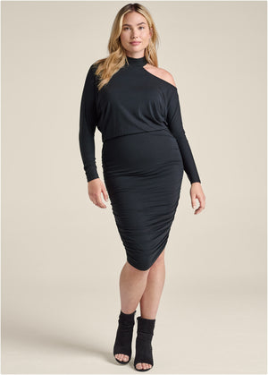 Ruched Midi Dress  - Black - thumbnail-8