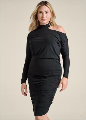 Ruched Midi Dress  - Black - thumbnail-7