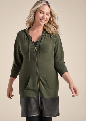 Faux-Leather Tunic Jacket - Olive & Black - thumbnail-7