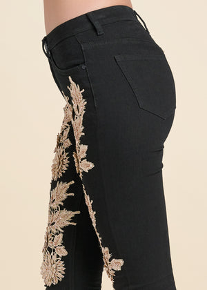 Floral Embellished Jeans - Black Multi - thumbnail-6