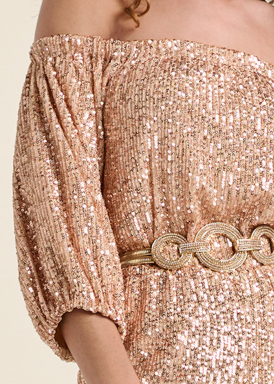 Off-Shoulder Sequin Jumpsuit - Rose Gold