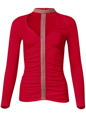 Embellished Trim Ruched Top - Red - thumbnail-6