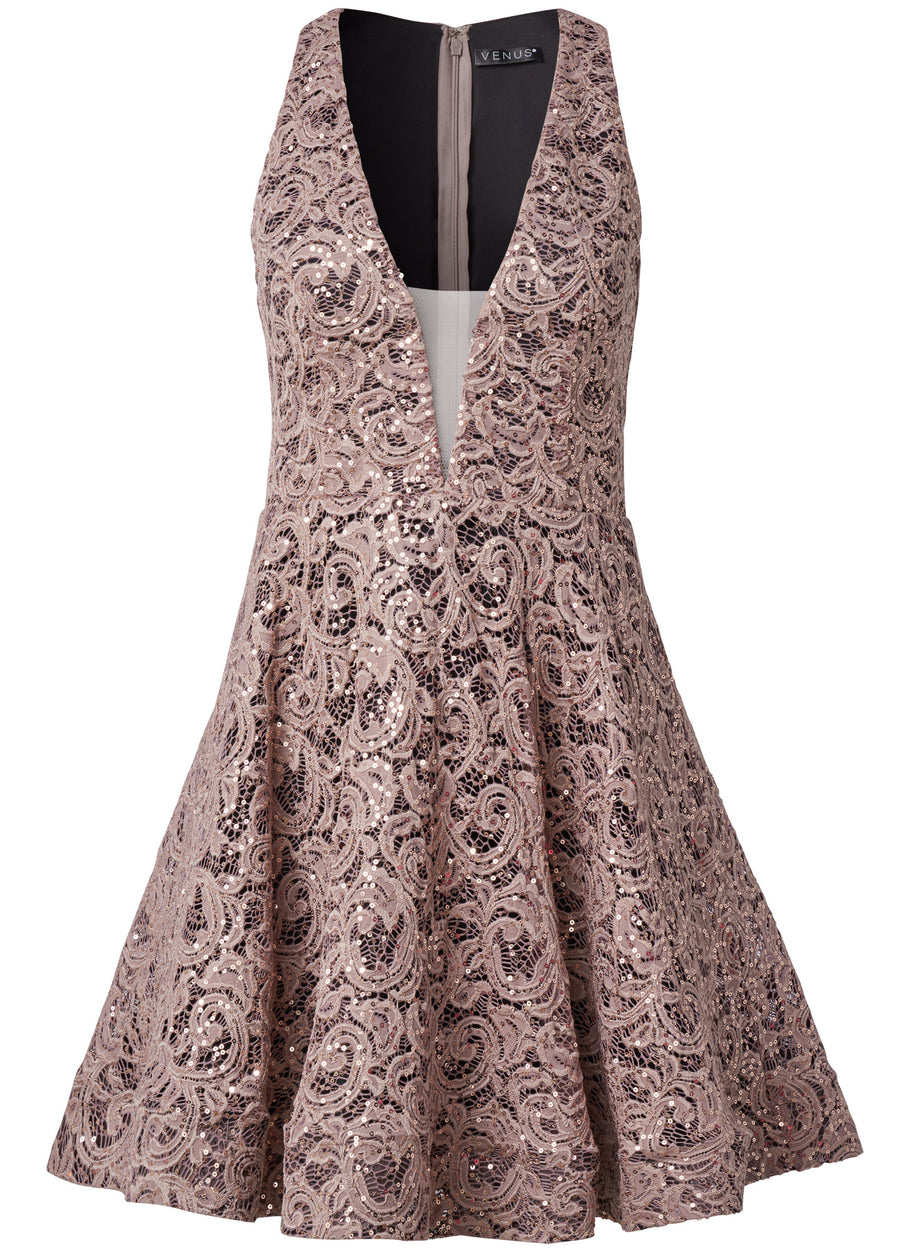 Sequin Lace A-Line Dress - Black & Taupe