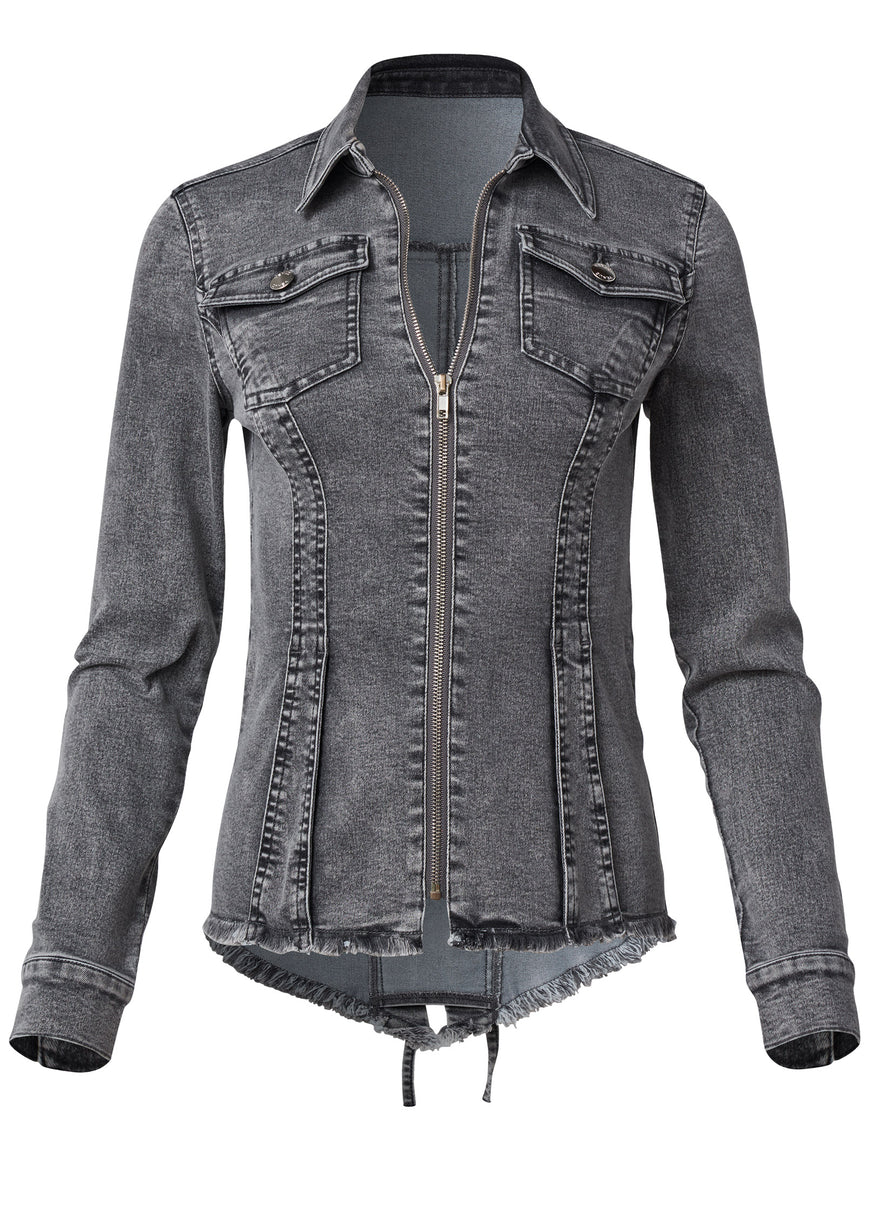 Lace-Up Back Denim Top - Grey Multi