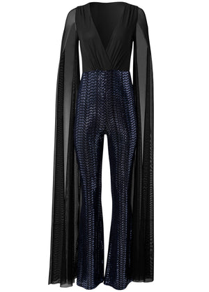 Cape Sleeve Sequin Jumpsuit - Black - thumbnail-5