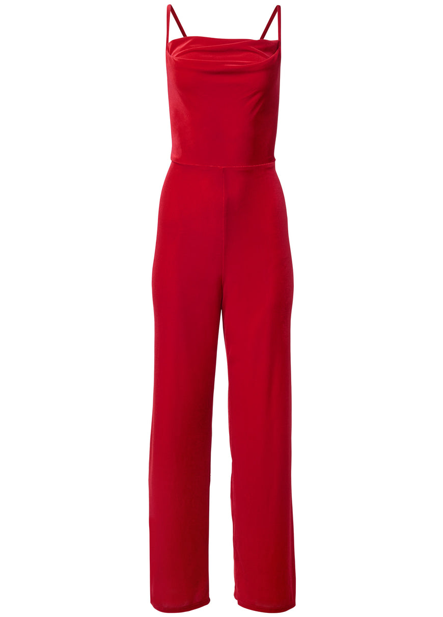 Velvet Cowl-Neck Jumpsuit - Red