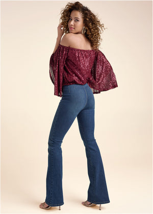 Off-The-Shoulder Sequin Top - Wine - thumbnail-2