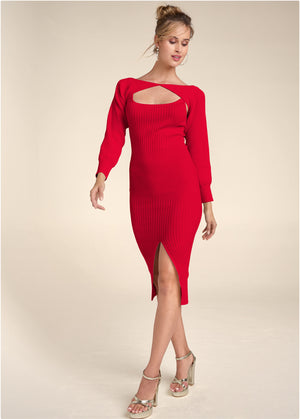 Sweater Dress With Shrug - Red - thumbnail-1