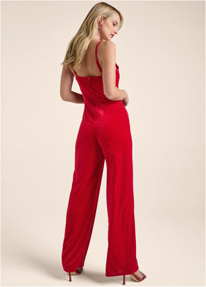 Velvet Cowl-Neck Jumpsuit - Red - thumbnail-2