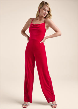 Velvet Cowl-Neck Jumpsuit - Red - thumbnail-1