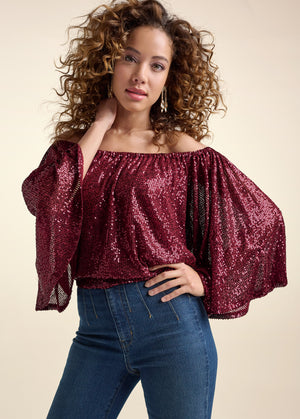 Off-The-Shoulder Sequin Top - Wine - thumbnail-8