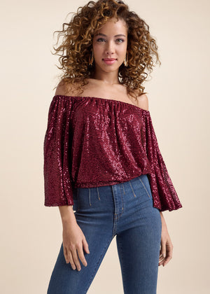 Off-The-Shoulder Sequin Top - Wine - thumbnail-9