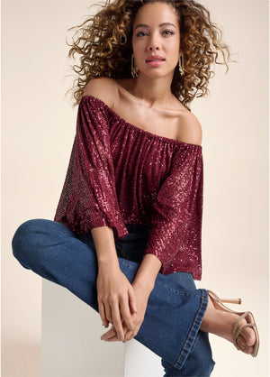 Off-The-Shoulder Sequin Top - Wine - thumbnail-7