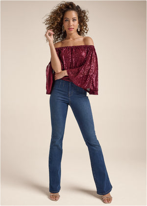 Off-The-Shoulder Sequin Top - Wine - thumbnail-3