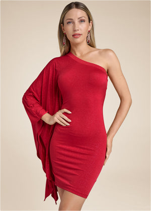 One-shoulder shimmer dress - Red - thumbnail-1