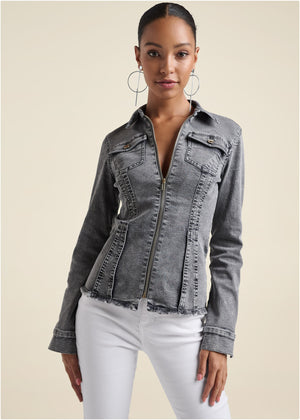 Lace-Up Back Denim Top - Grey Multi - thumbnail-9