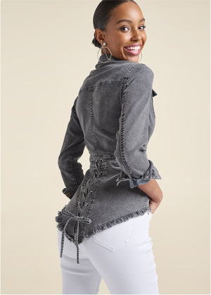 Lace-Up Back Denim Top - Grey Multi - thumbnail-1