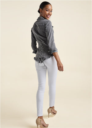 Lace-Up Back Denim Top - Grey Multi - thumbnail-2