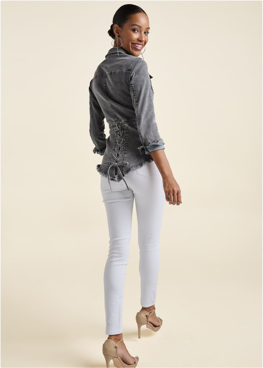 Lace-Up Back Denim Top - Grey Multi