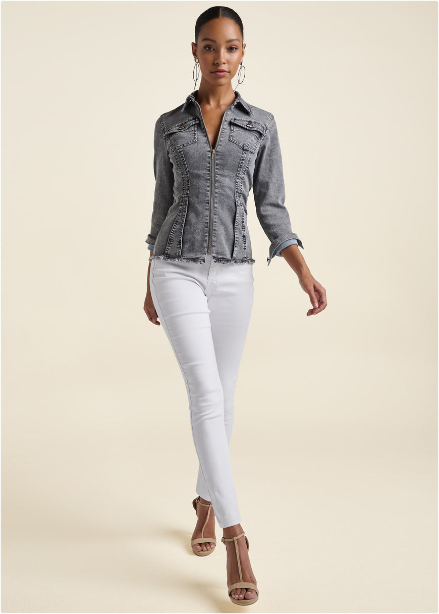 Lace-Up Back Denim Top - Grey Multi