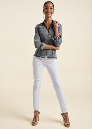 Lace-Up Back Denim Top - Grey Multi - thumbnail-8