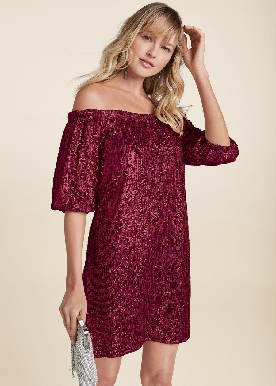 Sequin Off-The-Shoulder Dress - Red