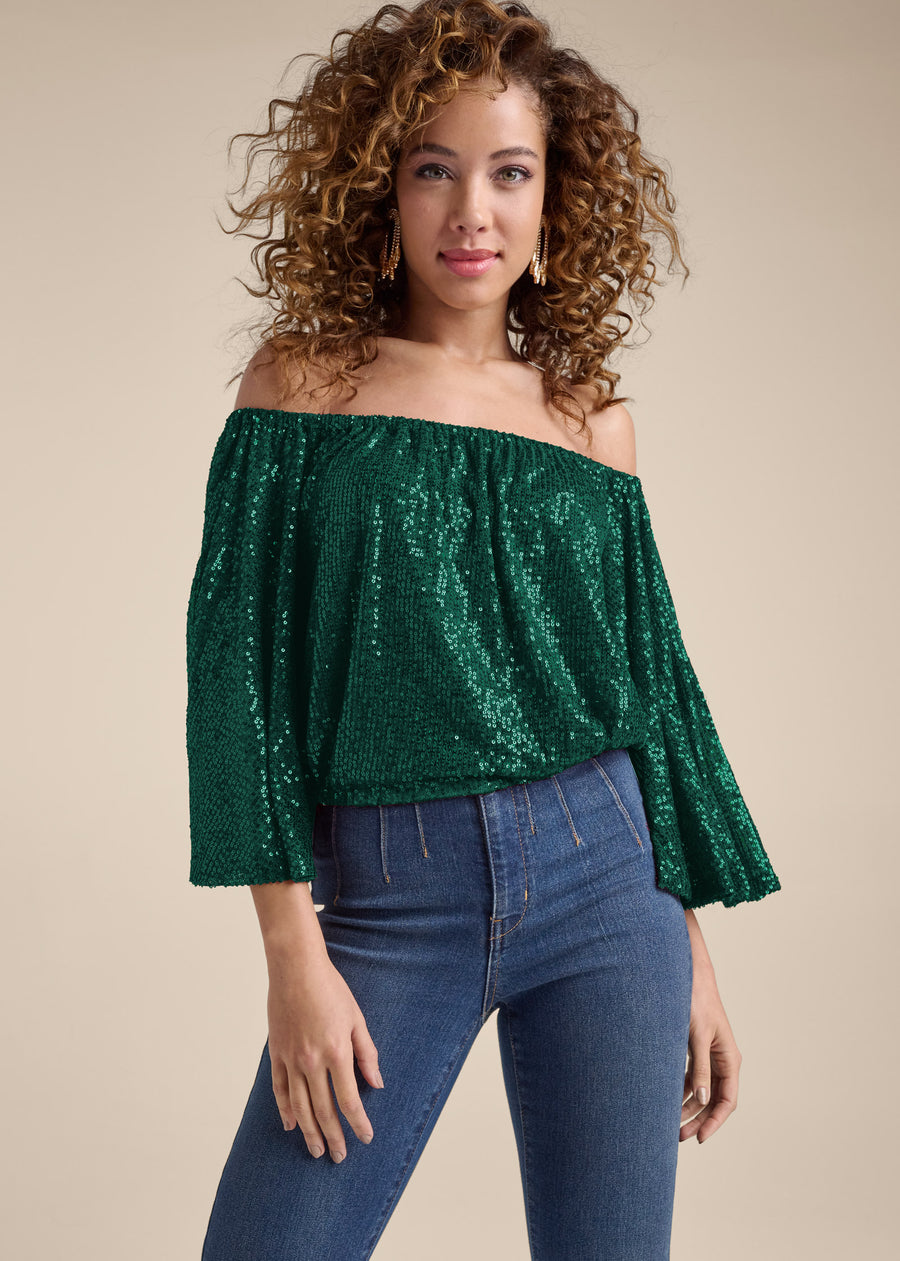 Off-The-Shoulder Sequin Top - Dark Green