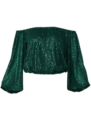 Off-The-Shoulder Sequin Top - Dark Green - thumbnail-2