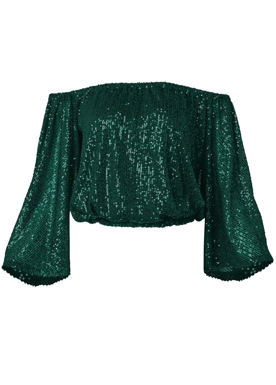 Off-The-Shoulder Sequin Top - Dark Green