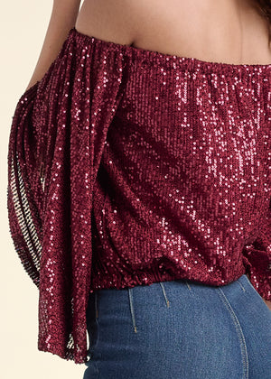 Off-The-Shoulder Sequin Top - Wine - thumbnail-5