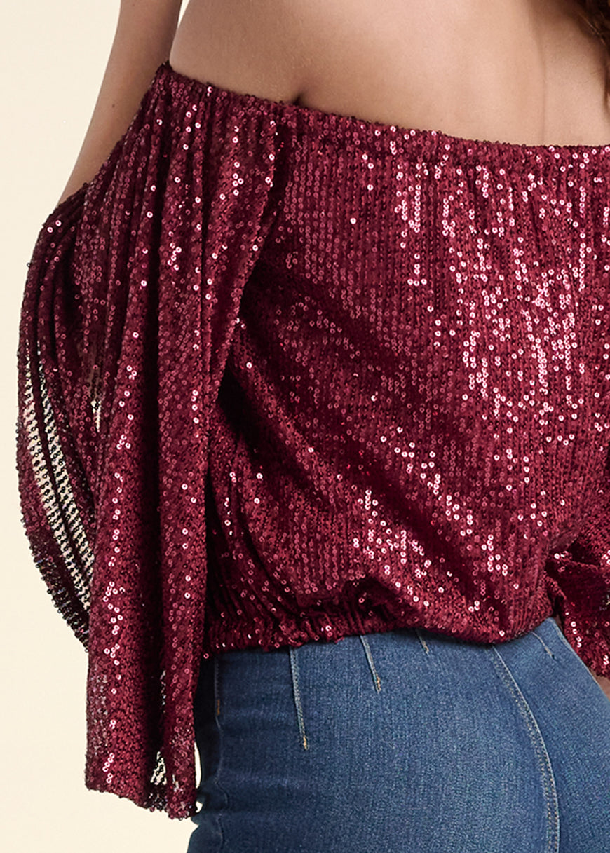 Off-The-Shoulder Sequin Top - Wine