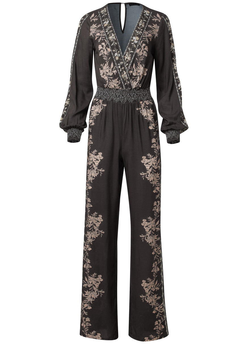 Leaf Print Smocked Jumpsuit - Black Multi