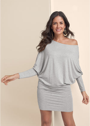 Off-Shoulder Dress - Heather Grey - thumbnail-1